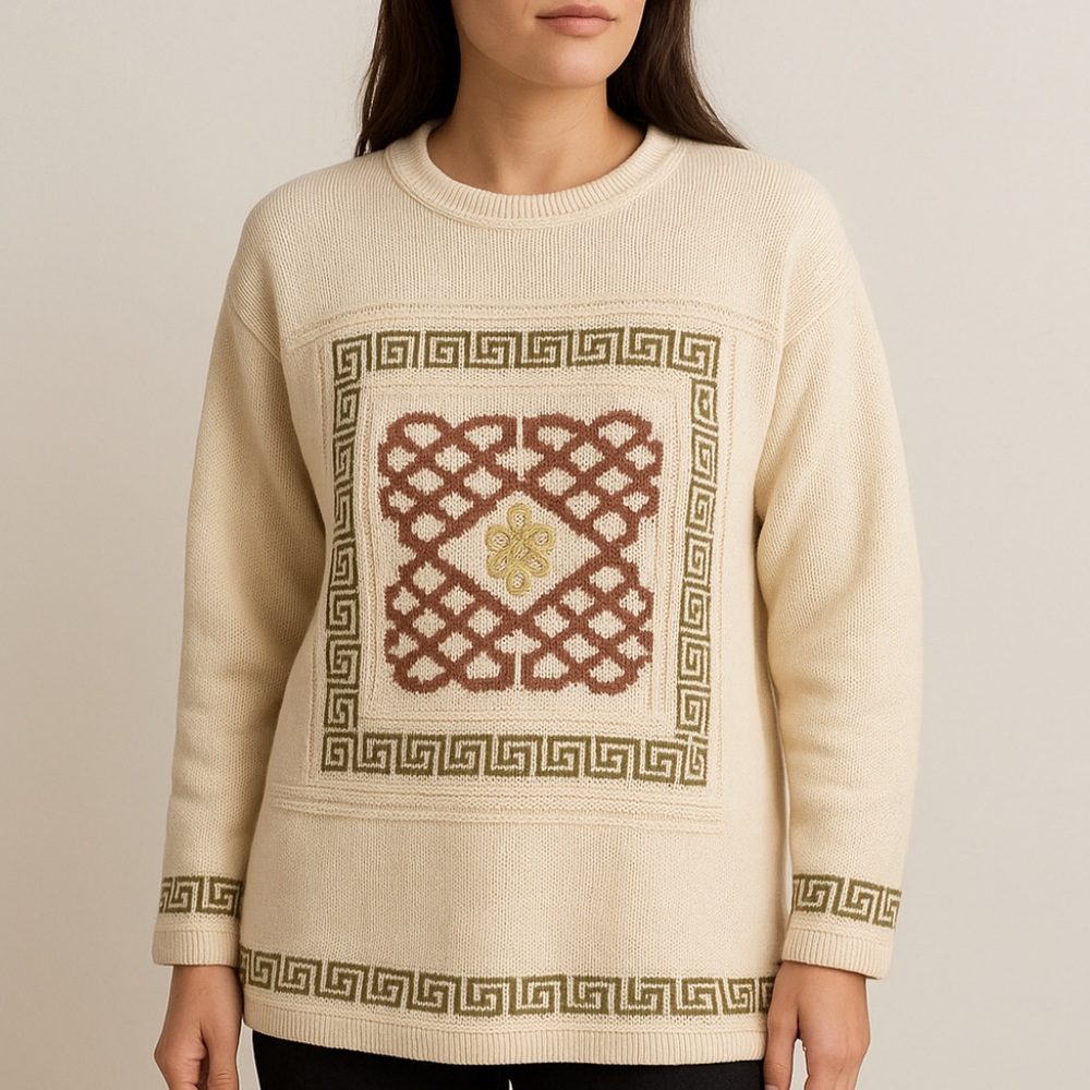 Vintage Equorian Heritage Geometric Greek Key Sweater Embroidered M 80’s Classic